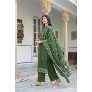 Indian Pista Green Cotton Kurta Set with Ethnic Print Dupatta 3-Piece