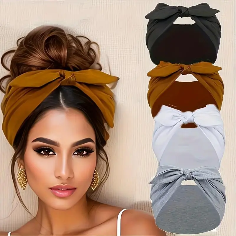4pcs Rabbit Elastic Satin Headband Set Combo, Sports Yoga Headband, Soft And Comfortable Wide-Brimmed Headband, Valentine'S Day/Anniversary Birthday Gift for Women. Non-Slip Soft Elastic Headband, Thick Sports Gym Head Bag