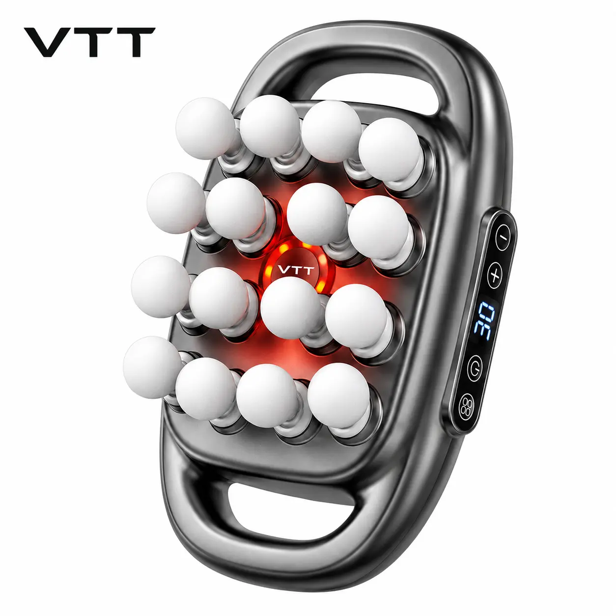VTT 16-Head Deep Tissue Percussion Massage Gun for Adults - Built-in 2600mAh Li-ion Battery, 30 Levels, 3 Modes, Red Light Therapy, Hand-free Mode, Rechargeable Wireless Massager for Full Body Muscle Relief (Back, Neck, Foot) with Added Benefits