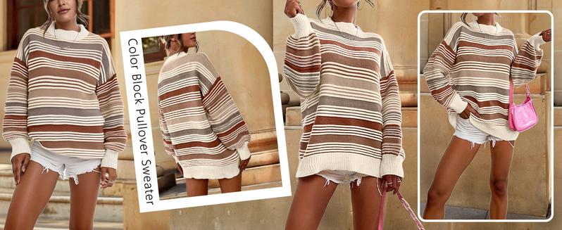 CHARTOU Women Contrast Striped Pullover Sweater 2025 Fall Outfits Oversized Knit Jumper Tops