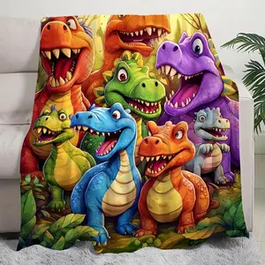 Flannel Throw Blanket Cute Smiling Dinosaurs HD Digital Print Animal Theme All-Season Cozy Knitted Thermo-Regulating Cove for Kids