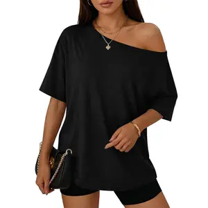 AUSELILY Women's Off The Shoulder Top 2026-Summer T-Shirt Crew Neck Batwing Casual Oversized Ladies Tops