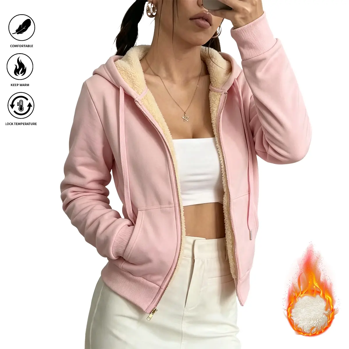 Women’s comfortable hooded jacket in a solid color, featuring fleece lining for superior warmth and style, suitable for everyday casual wear and active outings; women’s top, womenswear.