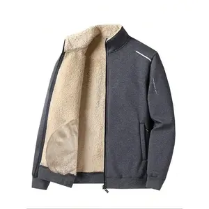 Men's letter printed pocket zipper warm lining jacket set, autumn and winter regular fit casual long sleeved stand up collar coat, wool jacket, 2024 winter clothing, men's daily wear (gift)