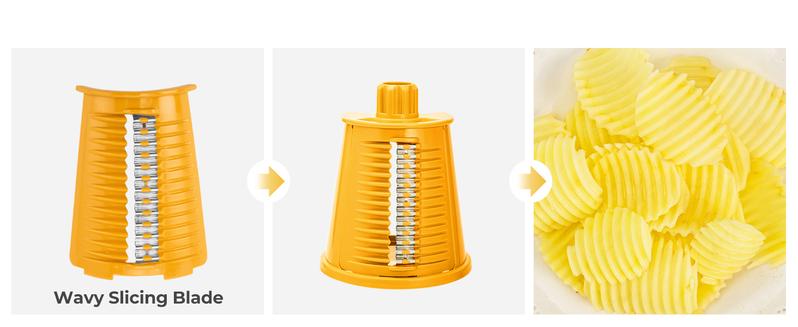 SUSTEAS Yellow Rotary Cheese Grater - Food Chopper with 5 Well-Designed Blades and Powerful Suction Cup Base, Comes with 1 Blade Storage Box Kitchen Utensils Vegetable Cutting Slicer