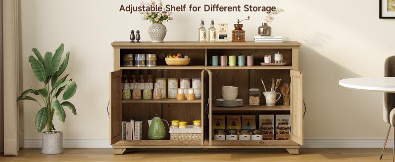 【Valentine's Day Gift】ONBRILL 60 Inches Sideboard Buffet Cabinet with Storage, Large Credenza with 4 Carved Doors, Open Storage Shelf, Adjustable Shelves, Coffee Bar Cabinet for Kitchen, Living Room