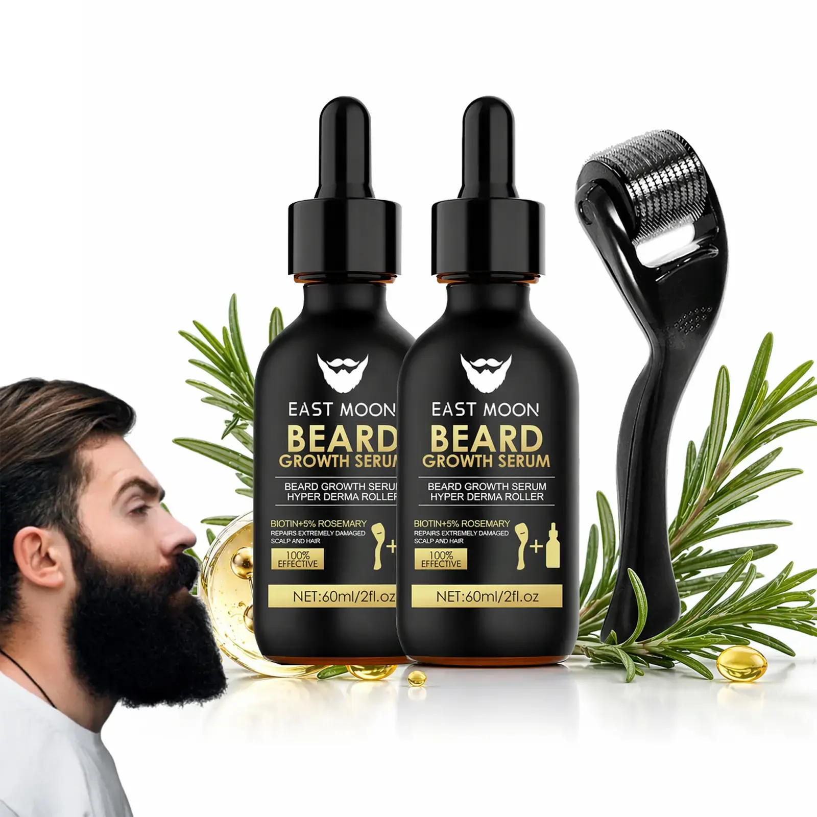 Beard Growth Serum & Massage Derma Roller Kit, Beard Care Oil for Thicker, Shinier Beard, Men's Daily Grooming Products moon east