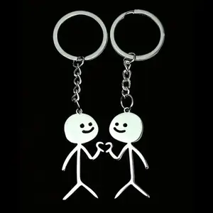 Cute Cartoon Stickman Heart Keychain Stainless Steel Fashion Pendant Key-ring Trendy All-match Couple Gifts for Women Men Valentine‘s Day Birthday Present