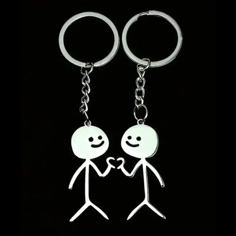 Cute Cartoon Stickman Heart Keychain Stainless Steel Fashion Pendant Key-ring Trendy All-match Couple Gifts for Women Men Valentine‘s Day Birthday Present