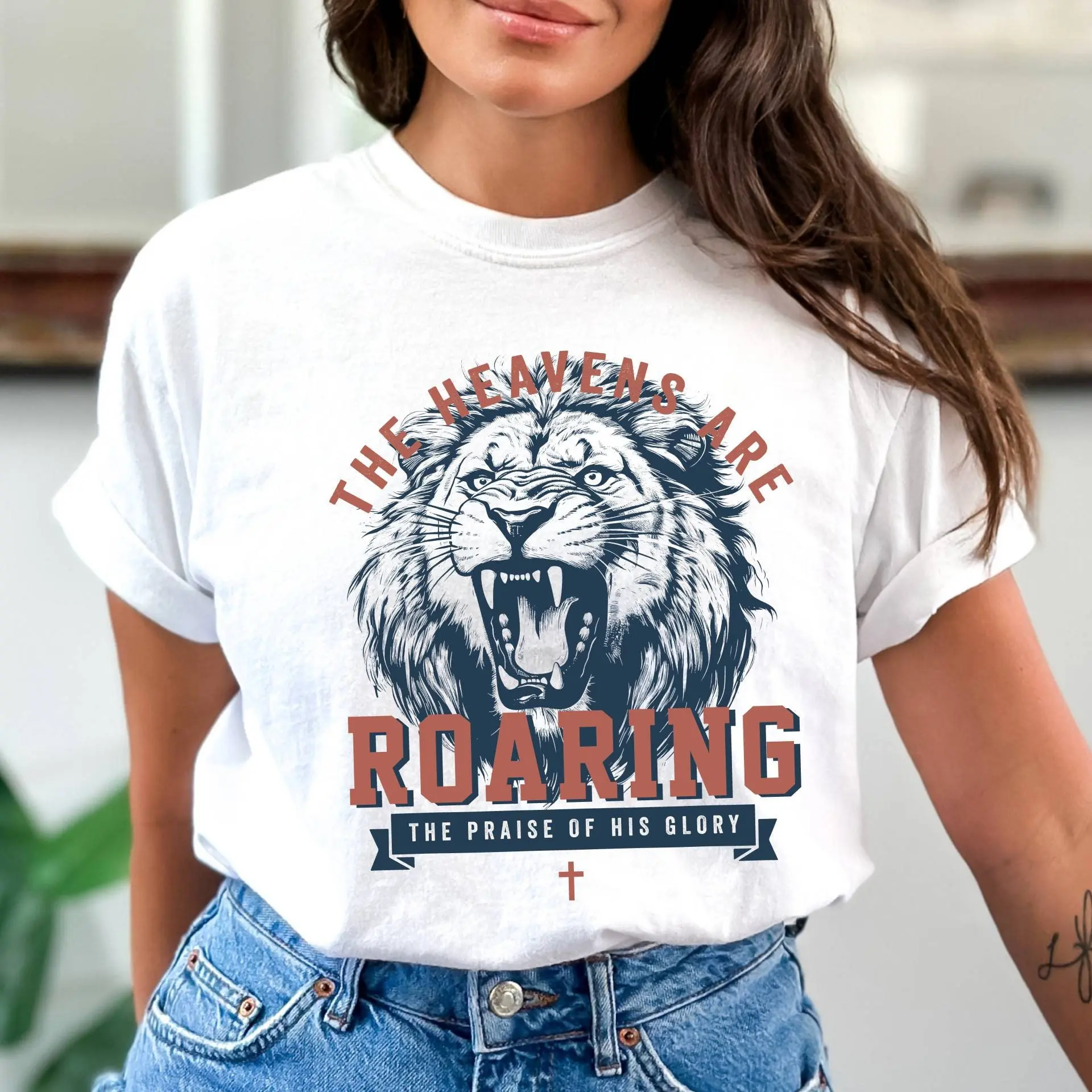 Women's Short-Sleeve Boho Christian T-Shirt - Smooth Seamless Solid Graphics, "The Heavens Are Roaring" Bible Verse Apparel for Fundraisers