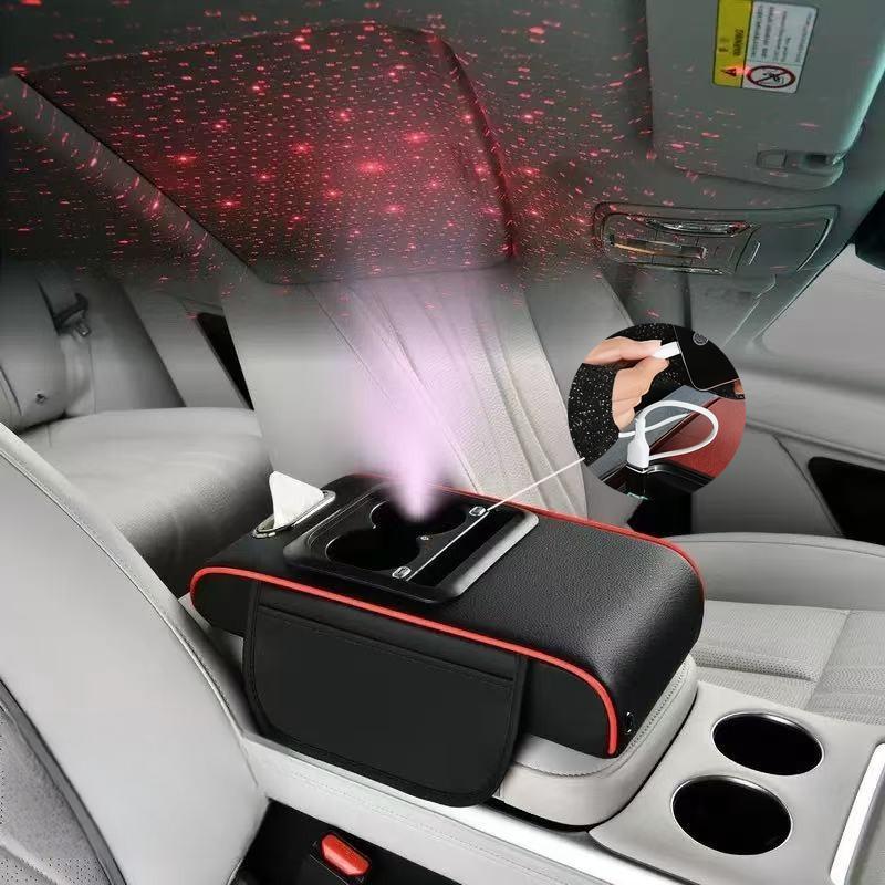 2026 New 5-in-1 Car Armrest Cushion with Height Extension Tissue Box and Storage Bag Starry Roof and Charging Function Memory Foam Central Console Armrest Pad for Car Interior