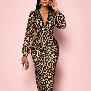 Women’s Lace Leopard V-Neck Lantern Sleeve Mid-Length Dress Bold Leopard Print Lace-Trimmed V-Neck Stylish Puff Sleeves Elegant Back Slit Figure-Hugging Bodycon Fit