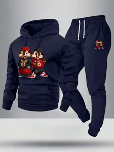 Spring/autumn lightweight men’s two-piece set featuring a cartoon squirrel print: a hooded sweatshirt and jogger pants with pockets; street-style athletic elastic-waist drawstring joggers with pockets, suitable for cool weather—an ideal gift for someone y