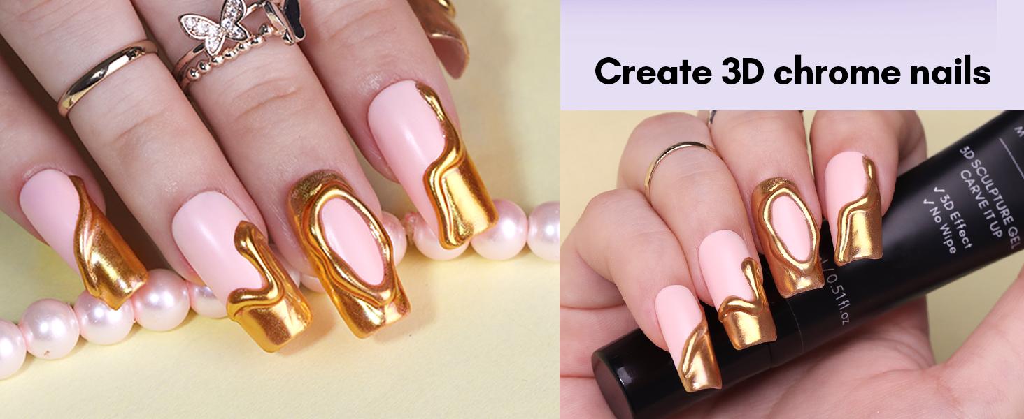 Makartt 3D Nail Gel and Chrome Nail Powder Kit, Sculpting Gel for Nail Art, 15g DIY Craving Gel, No wipe 3D Molding Gel and Metallic Chrome Powder Set for Nails Decoration Manicure Pedicure Use Nail Care Nail Polish