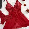 Women's Feminine 2-Piece Lingerie Set - Floral Mesh Lace Chemise Dress, V-Neck Thong, Elegant Comfortable Lady's Sexywear Nightwear,sohochic