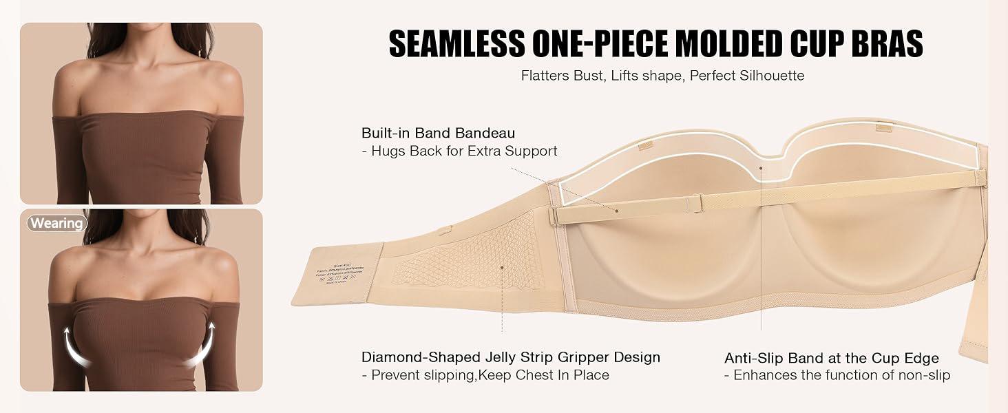 OEAK Womens Strapless Bras Wireless Non-Slip Tube Top Push Up Bralette Seamless Padded Bandeau Bra Everyday Convertible Bra