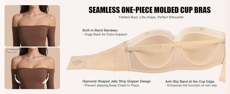 OEAK Womens Strapless Bras Wireless Non-Slip Tube Top Push Up Bralette Seamless Padded Bandeau Bra Everyday Convertible Bra