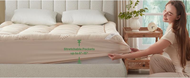 【BEDLORE】Bamboo Mattress Topper, Thick Pillow Top Mattress Pad with Stretchable Deep Pockets (Fits 6–18 Inch Mattresses), Soft & Breathable, Ideal for Bedroom & Home Use