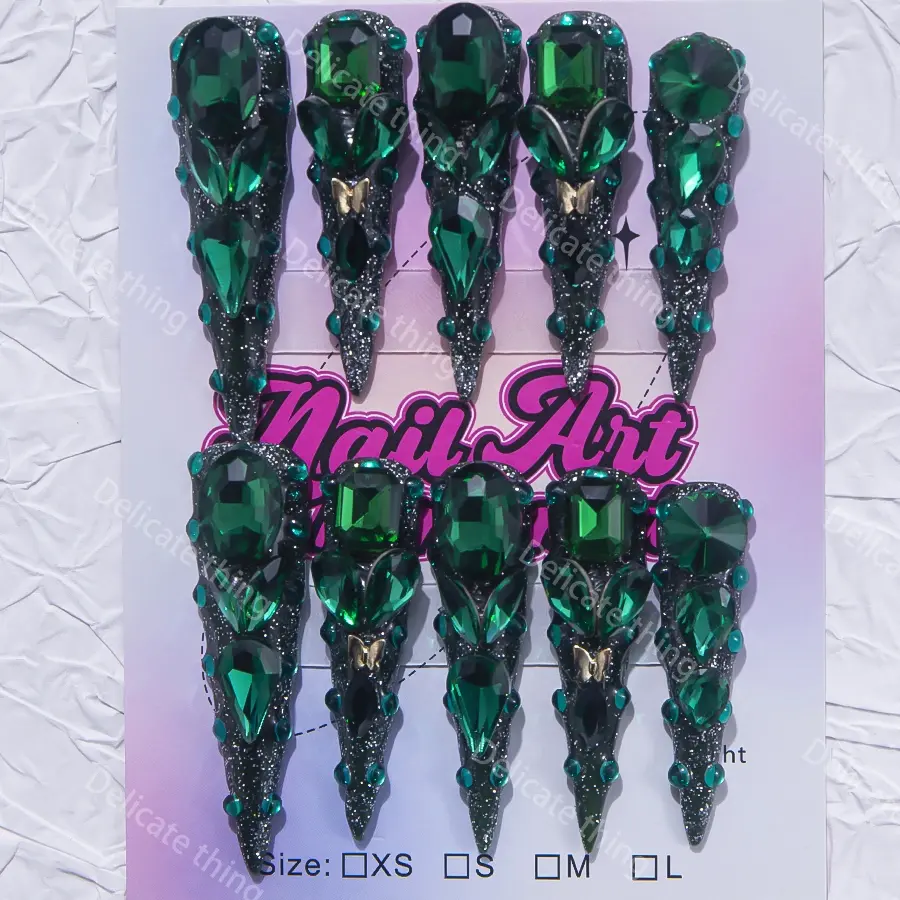 Delicatething Y2K Style Long Stiletto Pointed Nails, Handmade Press On Gem Silver Color Glitter Design, Gemstone Accent, Nail Art Diy, Perfect for Parties & Dates, Best Gift for Girls! Glitter Decorative Nails