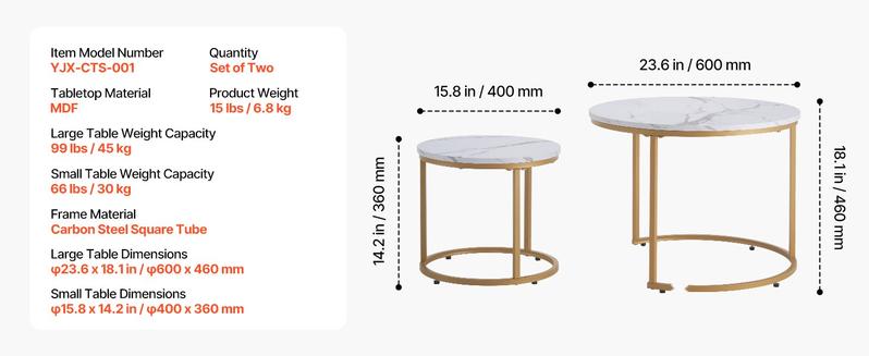 Nesting Coffee Table Set of 2, 23.6-Inch Round Coffee Tables for Small Spaces, Space-Saving Nesting Tables with Metal Frame, Vintage End Tables and Nightstand, Side Tables for Living Room, Bedroom and Office, White and Gold Finish