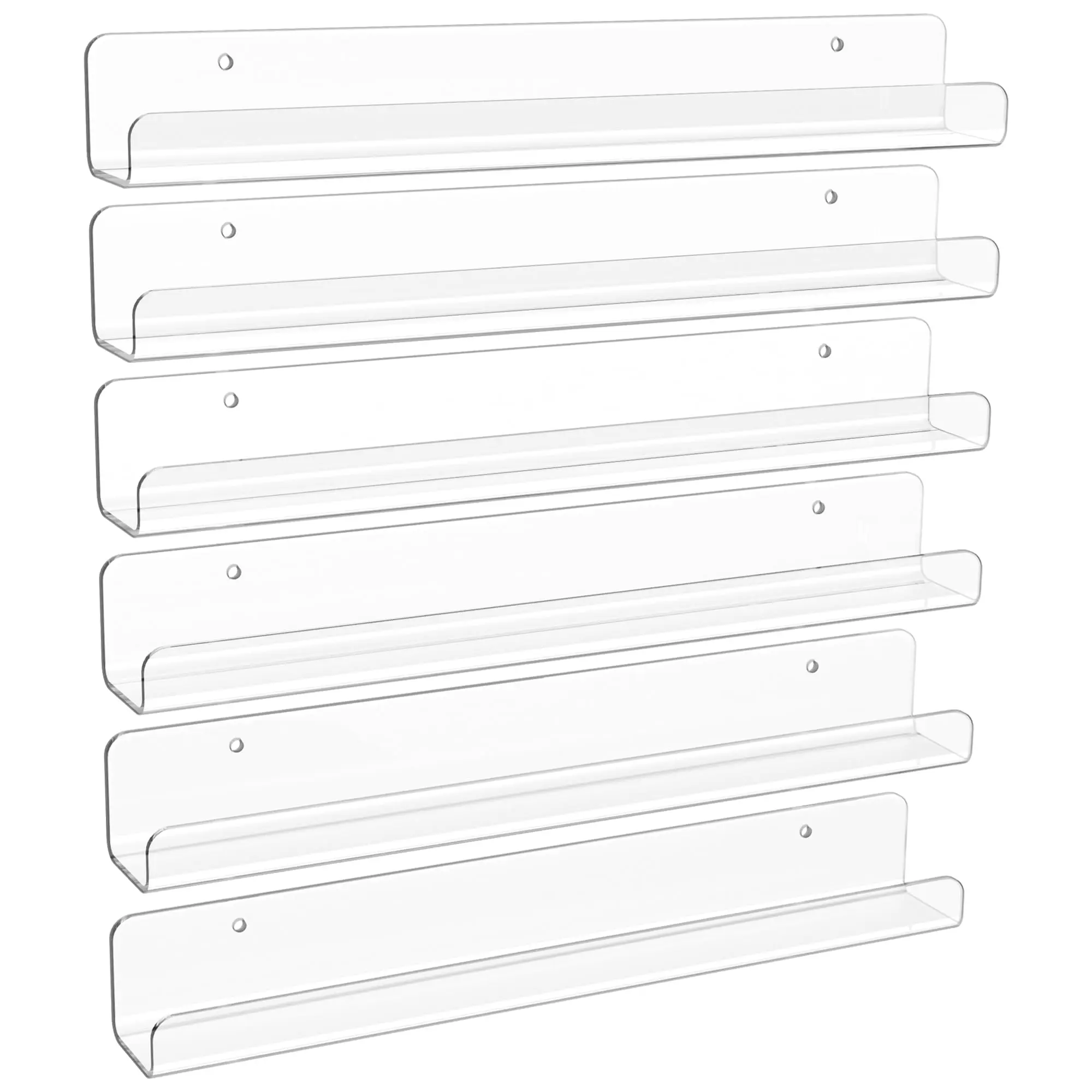 6 Pack Clear Acrylic Shelves, 12" Nursery Bookshelves, Small Floating Bookshelf for Kids Baby, Vinyl Wall Mount, Record Holder, Magazine Rack, Comic Display