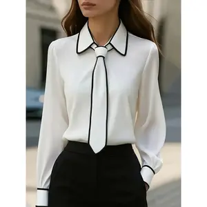 Women's long sleeved shirt with color block buttons, casual and fashionable design, elegant professional attire, suitable for daily wear