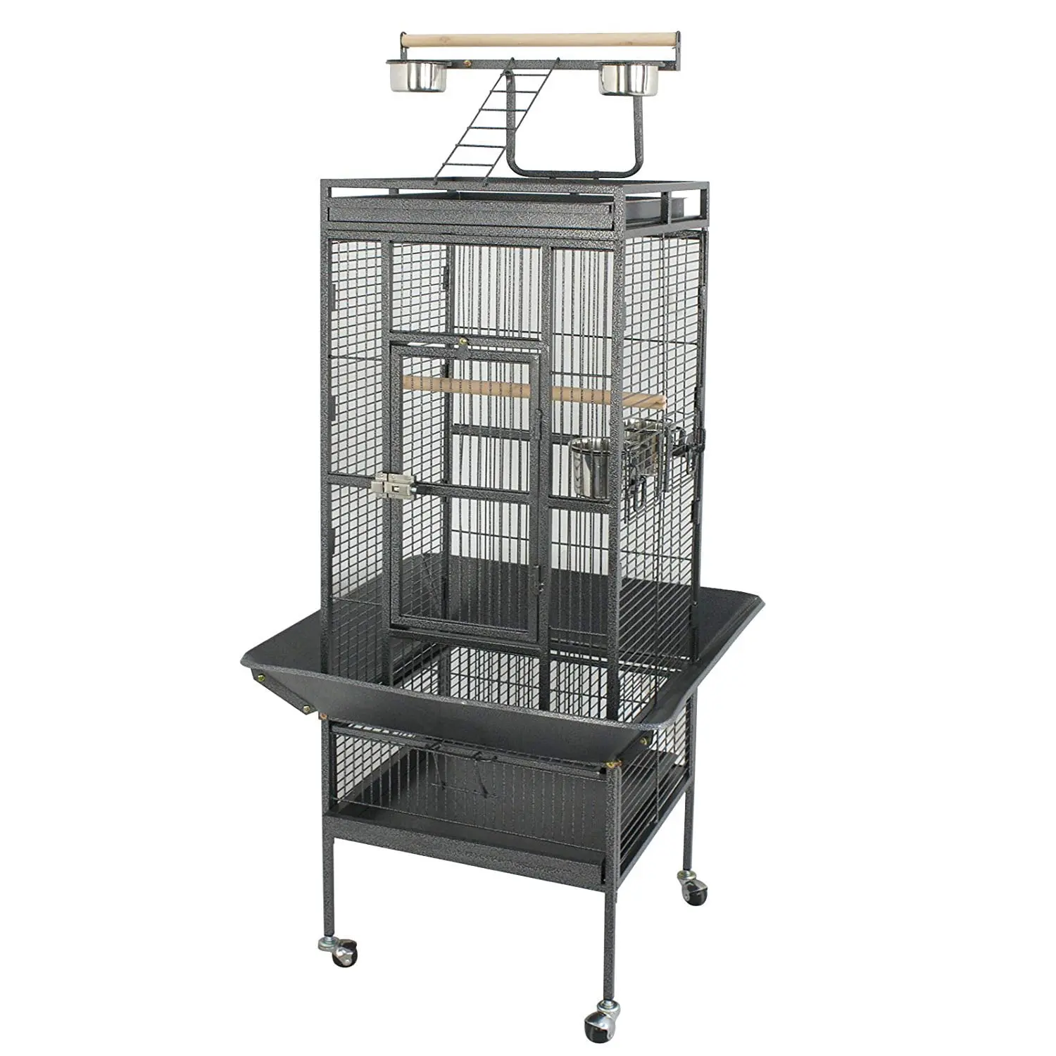 Wrought Iron Large Bird Cage for Large Birds - 61-Inch (45.8x45.5x83.5cm), Industrial Look, Rolling Industrial Casters for Quiet Moving, Heavy-Duty Lockable Door, Easy-Clean Wood Accents, Removable Sand Tray, All Seasons Black Pet Play House, Mess Control