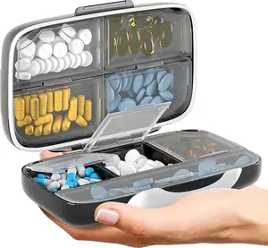 Travel Pill Organizer with 8 Compartments Portable Medicine Case Vitamin Container Medication Holder with Labels Large Capacity Supplement Storage Box Black