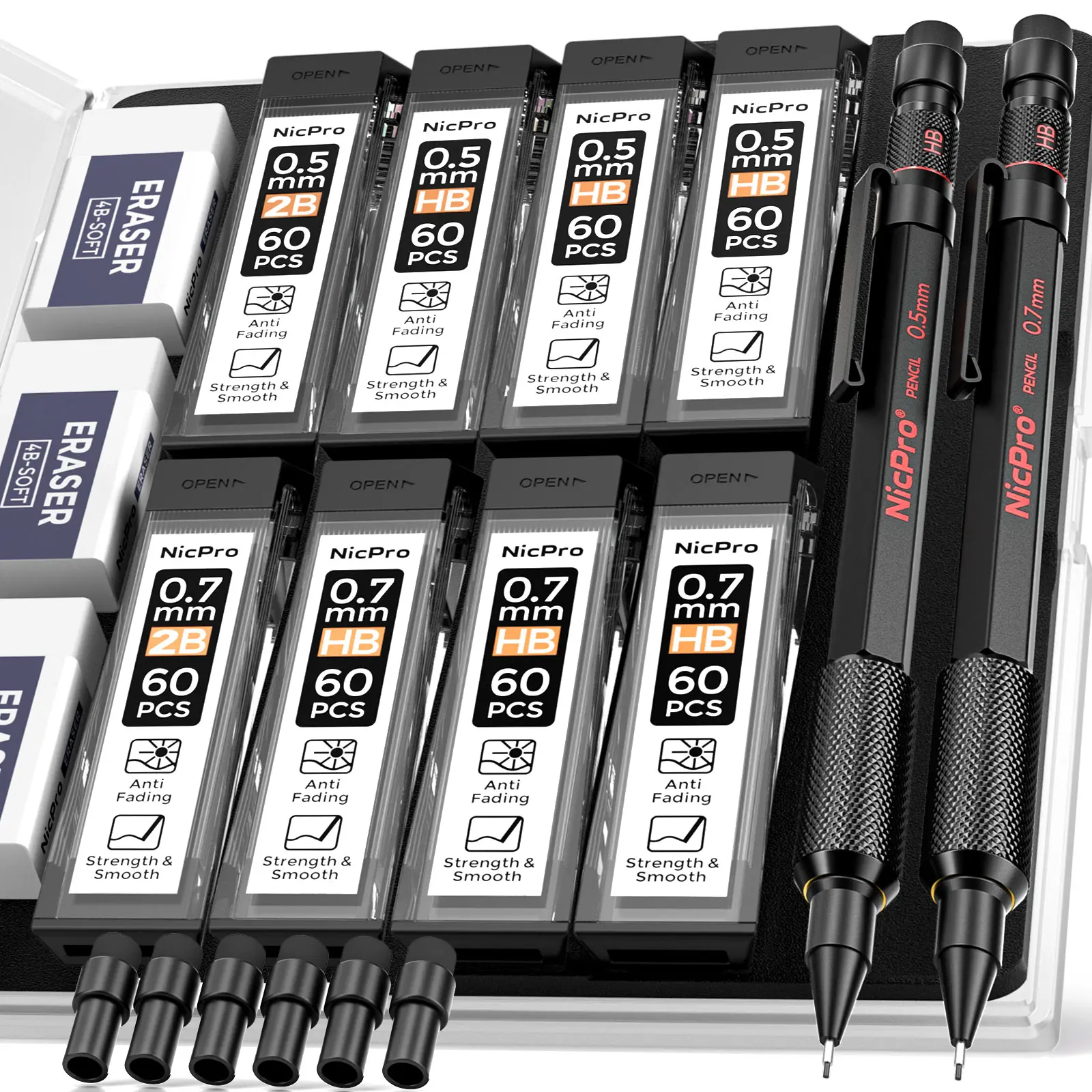 Nicpro MP2000 Series Anti-Rust Durable Metal Barrel Mechanical Pencils Set (0.5mm, 0.7mm) with Case, 4 Tubes HB & 2B Lead Refills, Eraser - All Weather Conditions, Drawing Supplies for Architects, Office Stationery, Writing Stationery