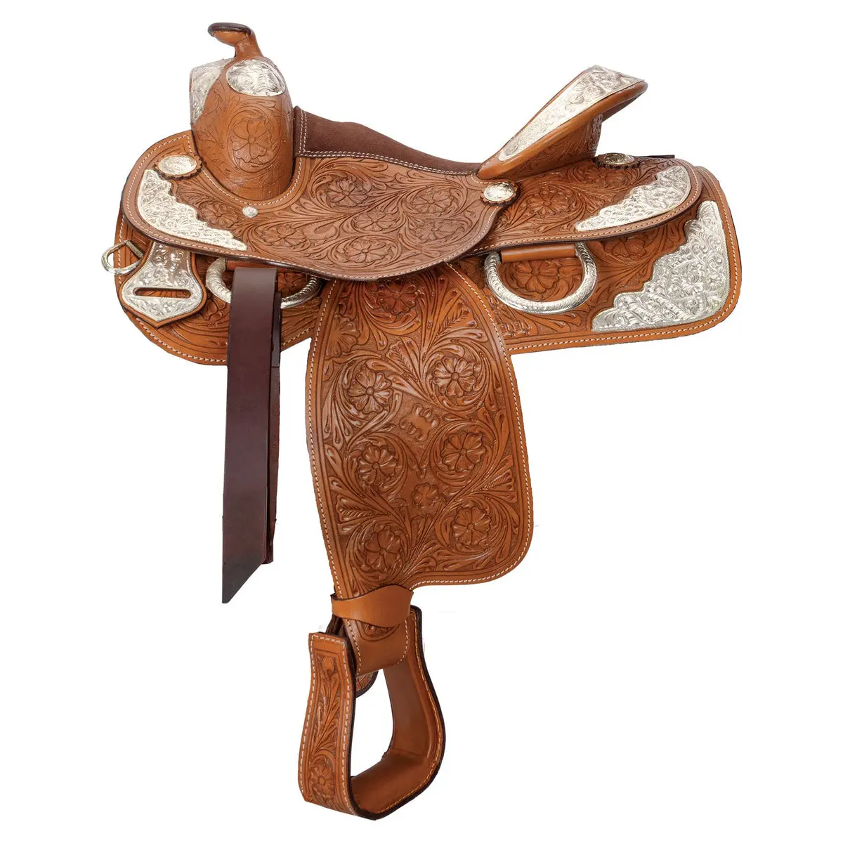 Youth Western Show Saddle - Entry-Level, Well-Balanced, Lightweight, Versatile, Suede Seat, Rosette Tooling, Close Contact, Cut-Away Under Fenders, Engraved Silver-Plated Trim, 5 Years Long-Lasting Use, Youth Fit for Better Connection in Western Riding