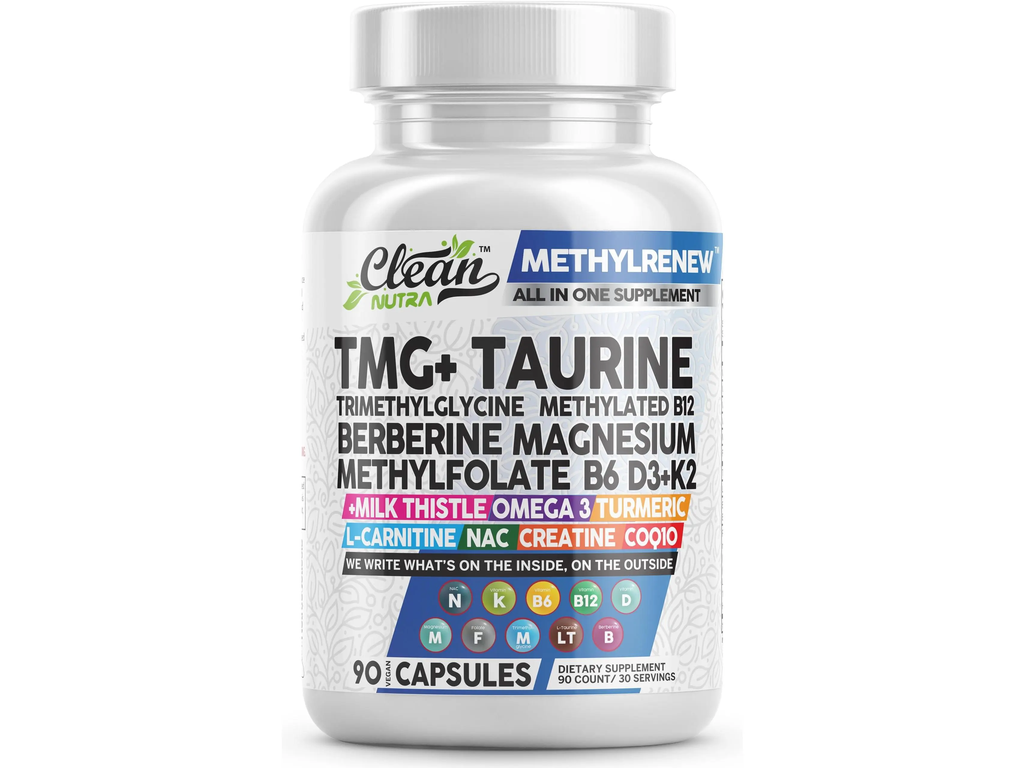 Clean Nutra TMG+, Taurine, B6 Vitamins, B12, D3 K2, Magnesium, Omega 3, Turmeric, CoQ10 & More for Muscle Health & Energy Support Capsules – Methylrenew