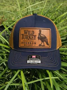 Bourbon Turkey Leather Patch Trucker Hat – Genuine Leather Patch Snapback 112 Style Cap, Adjustable Mesh Back Hat, Rustic Whiskey Style, Perfect Gift for Bourbon Lovers & Outdoor Fans