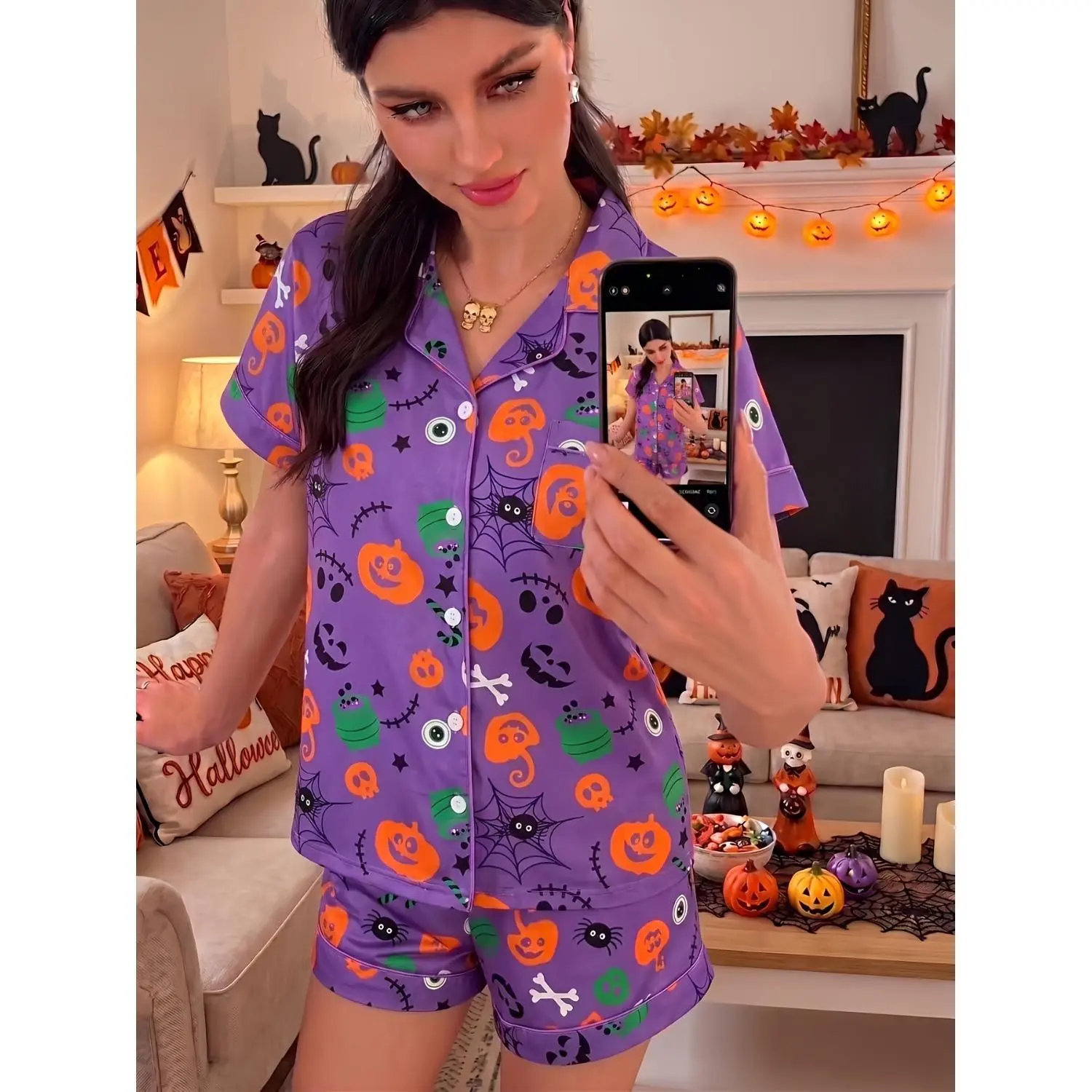 Women's Purple Halloween 2-Piece Pajama Set - Shortsleeve Button-Up Top with Pumpkin Print, Stretchy Skull Wizard Shorts, Lightweight All-Seasons Loungewear Sleepwear, Two Piece Set