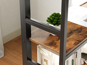 Twin Loft Bed with LED Lights, L-Shaped Desk & Built-in Charging Station, Metal Bunk Bed with Shelves, Guardrail for Teens, Adults, Space Saving, Black and Rustic Brown