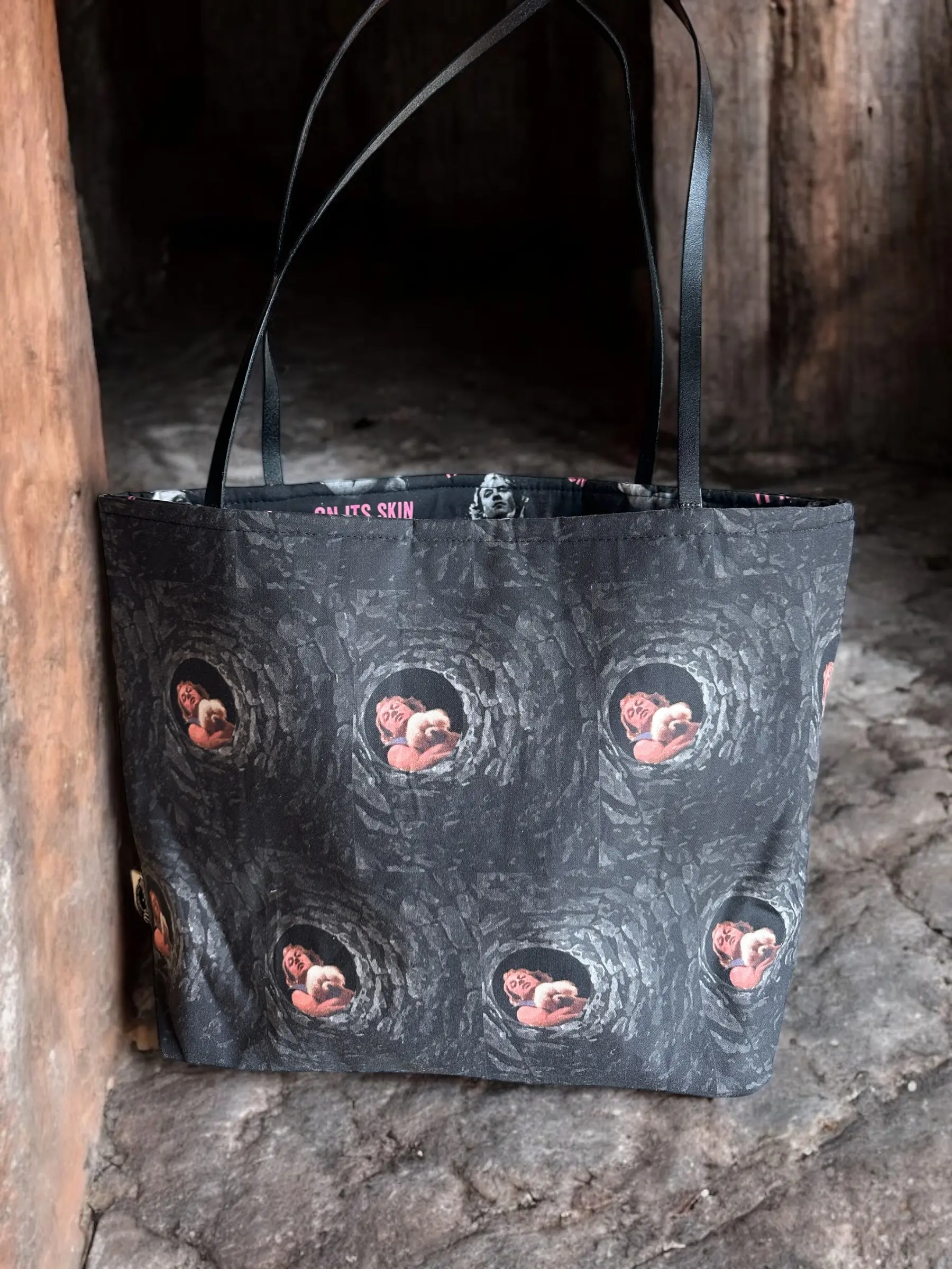 Women's Reversible Horror-Inspired Leather Tote - Handmade Luggage with Iconic Quotes, Movie Print, 1-of-a-Kind Design, Leather Strap, Horror Theme, One-Of-A-Kind