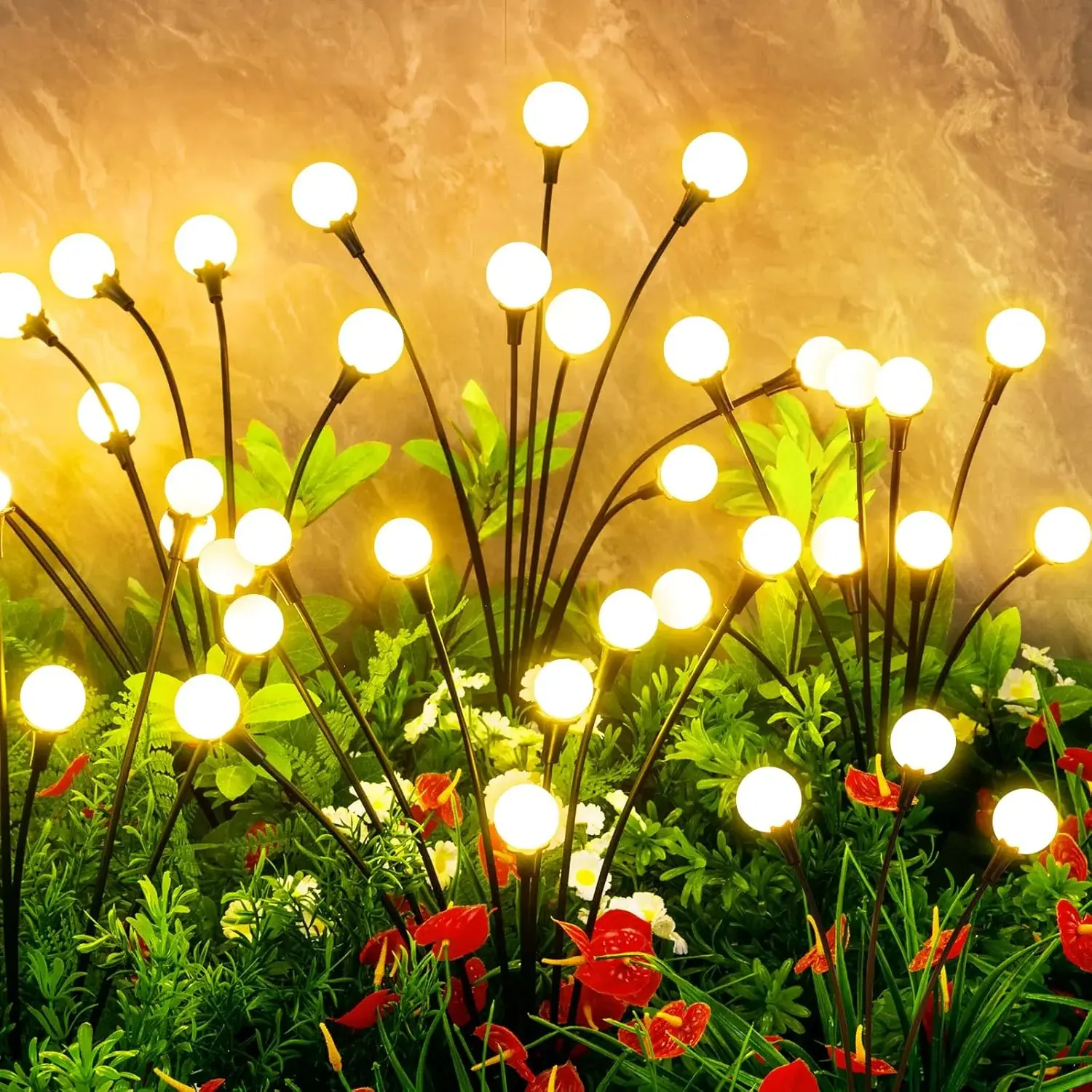 (4 Pack) Solar Garden Lights - Upgraded Solar Swaying Light, Sway by Wind, Outdoor Lights, Yard Patio Pathway Decoration, High Flexibility Iron Wire & Heavy Bulb Base, Warm White, Fireflies, Patio Decor
