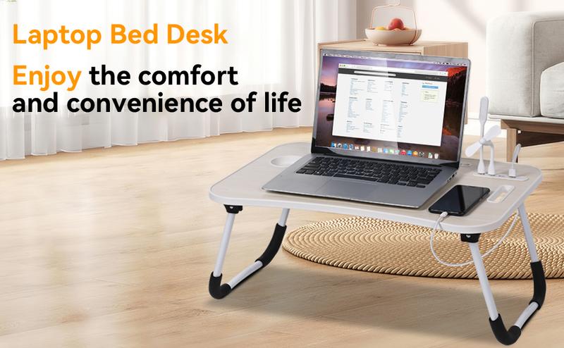 Portable Laptop Desk for Bed & Couch, Foldable Lap Desk with USB Charging Port & Storage Drawers, Compact Small Space Laptop Table for Home Office, Remote Work, Study & Gaming