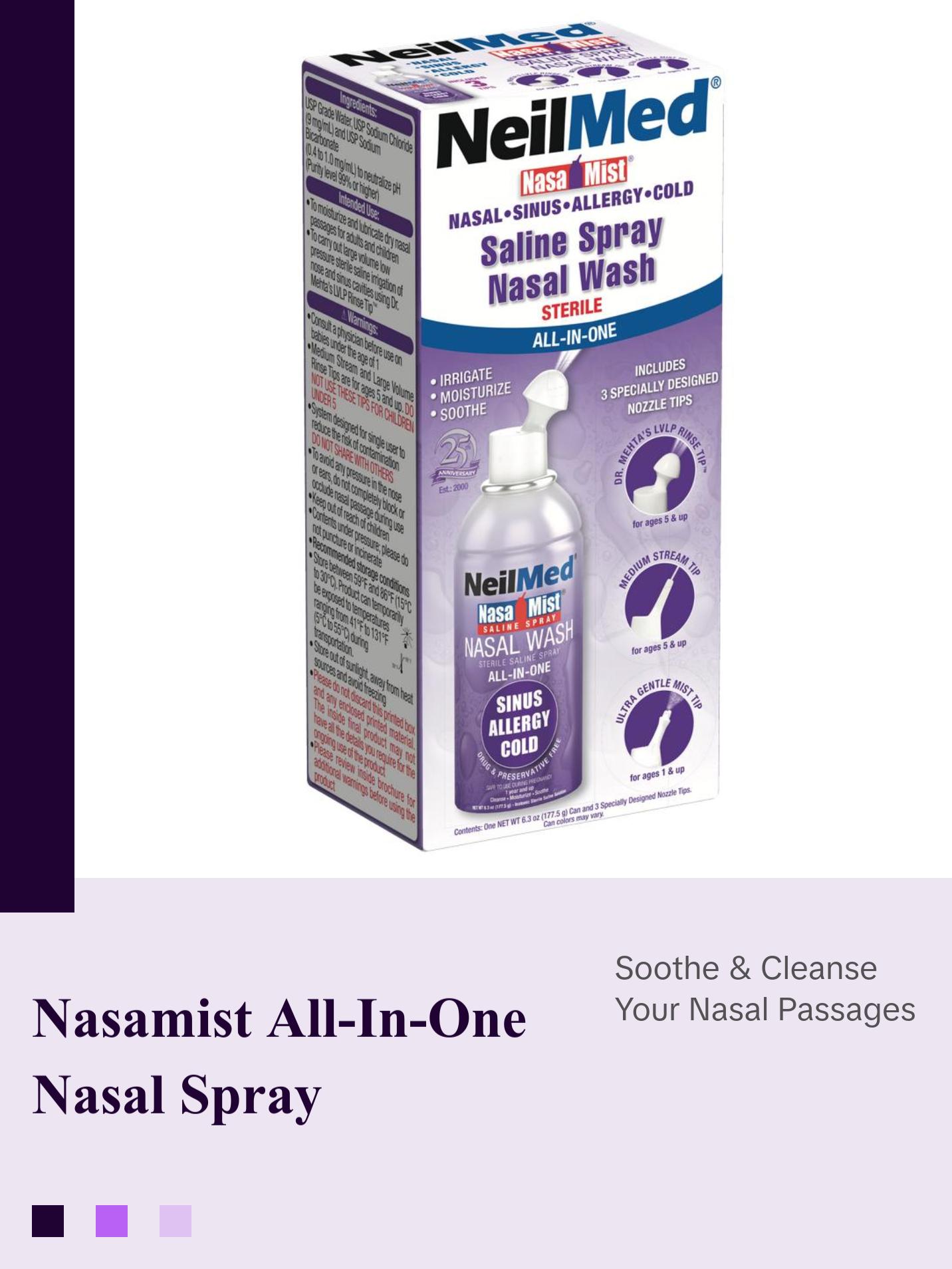 NeilMed NasaMist All-in-One Saline Spray Nasal Wash - Sterile, Isotonic, Preservative-Free, pH Balanced for Sinus Allergies & Dryness