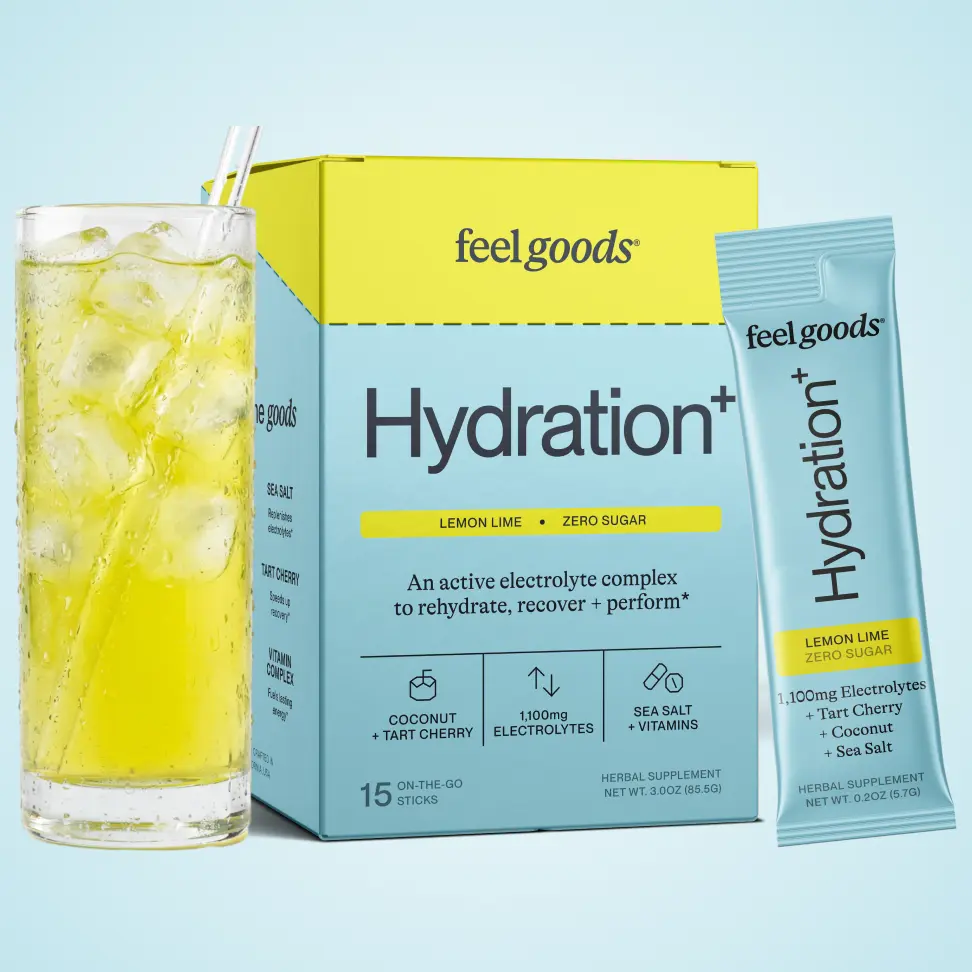 Feel Goods Hydration+ | 1,100mg Electrolytes • Organic Hydration • Magnesium • Potassium • Sugar Free • Tart Cherry • Trace Minerals • Vitamins • Performance • Energy • Cramping Recovery • Electrolyte Powder Packet • Non GMO • Vegan