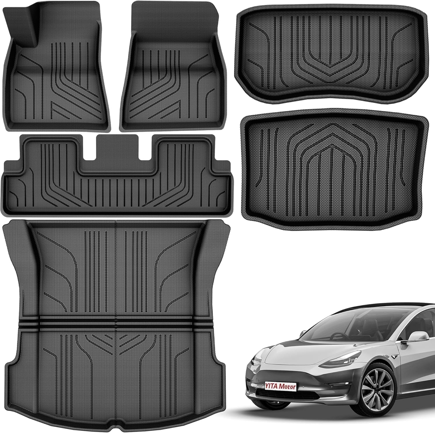 YITAMOTOR Tesla Model 3 Floor Mats Full Set Custom Fit 2017-2023 All-Weather Cargo Liners Rear Cargo Tray Trunk