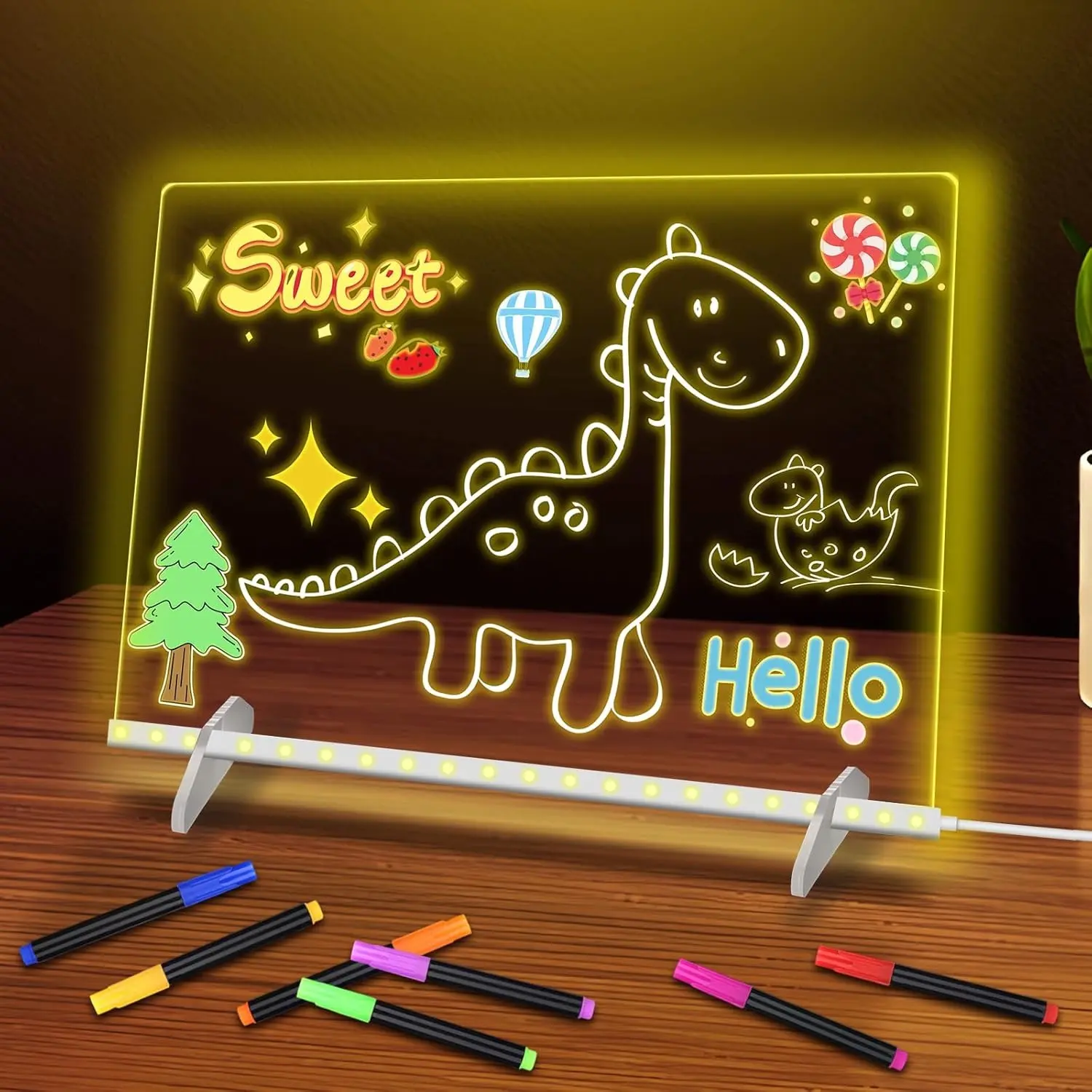 Kids' Light-Up Acrylic LED Drawing Board - 13.7"x10" Dry Erase Reusable Acrylic Erasable Board, 7 Vibrant RGB Lighting Options, 4 Dynamic Modes, Stand, 7 Pens (Indoor Recreation Equipment), Light-Up Drawing Board