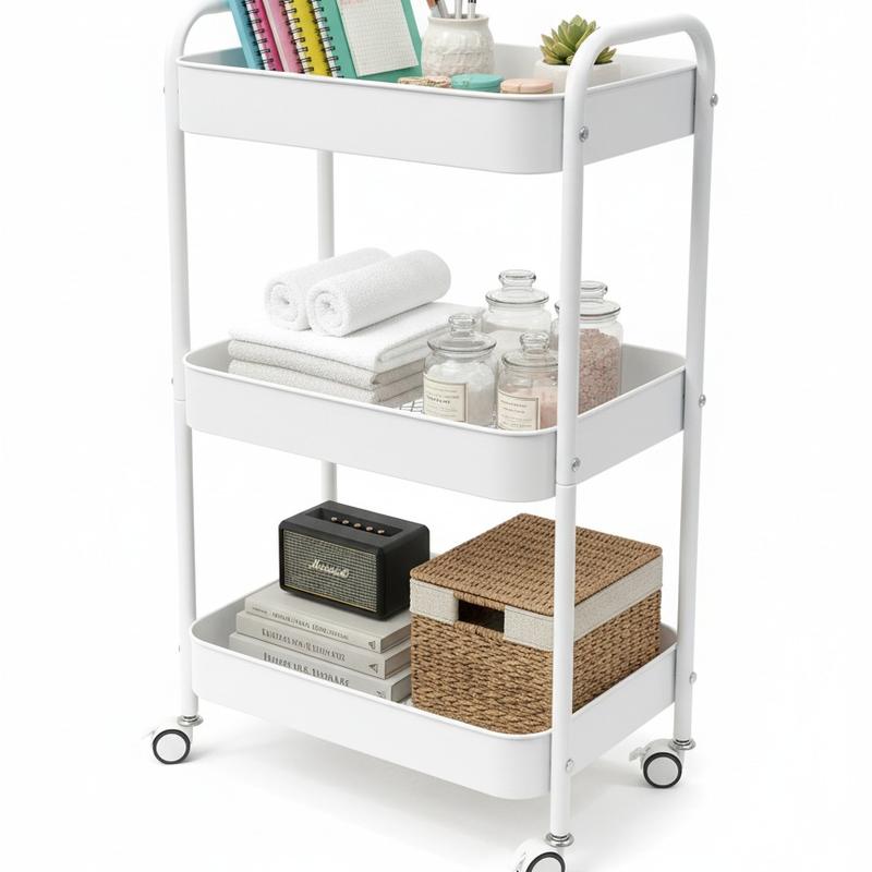 3-tier compact metal storage rack with wheels for easy movement; multi-functional mobile cart suitable for kitchens, bedrooms, and under desks; available in pink and white.