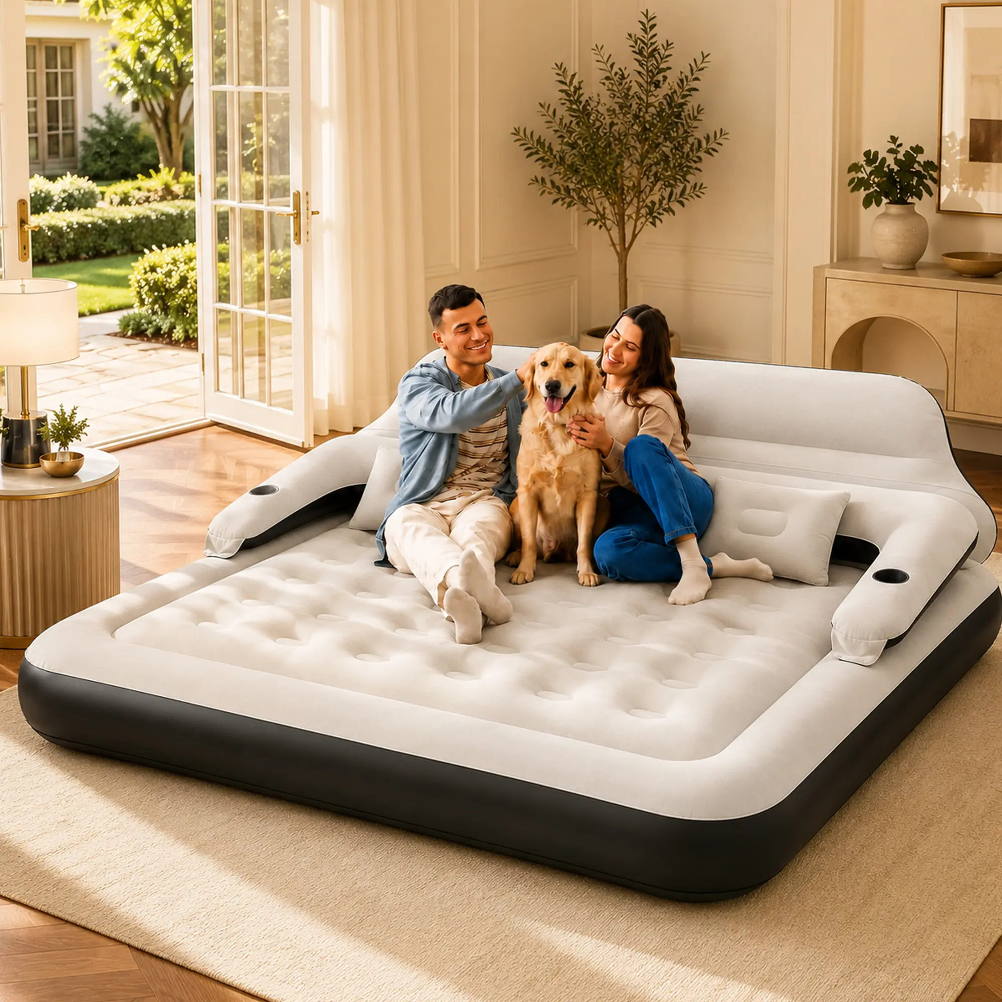 3-in-1 Raised PVC Plastic Inflatable Airbed Set with Pillows - Multi-Size Soft Flocked, Leak-Resistant, Easy-Inflate Adult Indoor Sofa with Sofa-to-Bed Switch, Cup-Ready Top, Ideal for Home, Camping