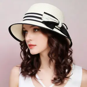 Elegant striped bow-tie straw hat, beach hat, sun protection hat, foldable sun hat, fisherman hat, bucket hat for spring and summer.