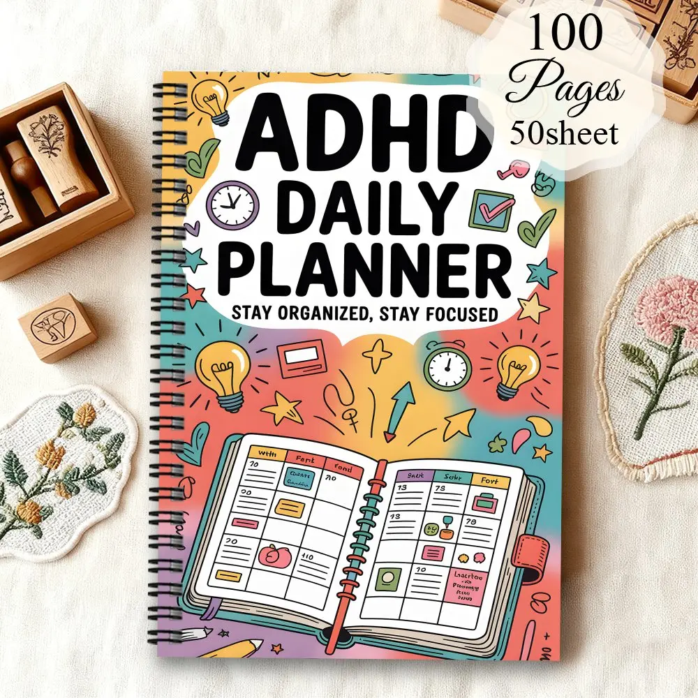 Undated ADHD Planner Notebook for Adults Women, Productivity Planner, Daily Weekly Monthly Organizer Planning Pad, Weekly Planner Notepad, Pomodoro Timer Task List Focus Tracking, Neurodiversity Color Coding Bullet Journal for Efficiency