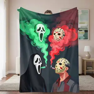 Horror Mask Art Flannel Blanket Smoke Effect Pattern Soft Cozy Lightweight Warm Decorative Throw for Bedroom Living Room Sofa Halloween Party Gift
