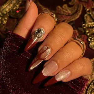 Glam Red & Silver Chrome Press-Ons Handmade Crystal Nails Decorations| Long Almond Deep Red Base Glitter Silver Foil Waves Large Rhinestone - Glue-Free Reusable Durable Shiny Party Glam Nails