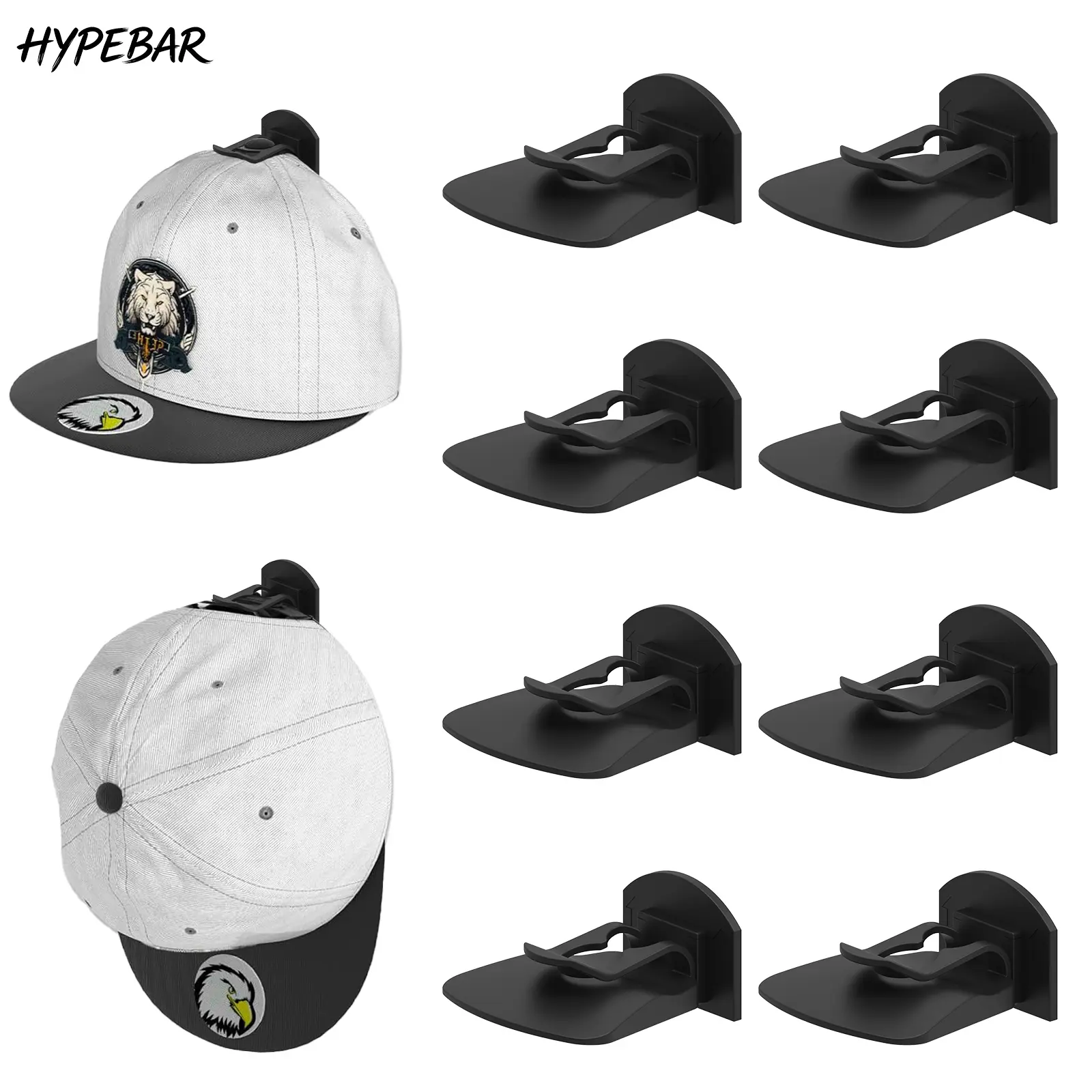 HYPEBAR 8 Pack Adhesive Hat Hooks for Wall, Super Strong Hat Rack for Baseball Caps, Hat Organizer Display for Home Decor, Hat Hangers Holder for Wall, Door, Closet, No Drilling (Black)
