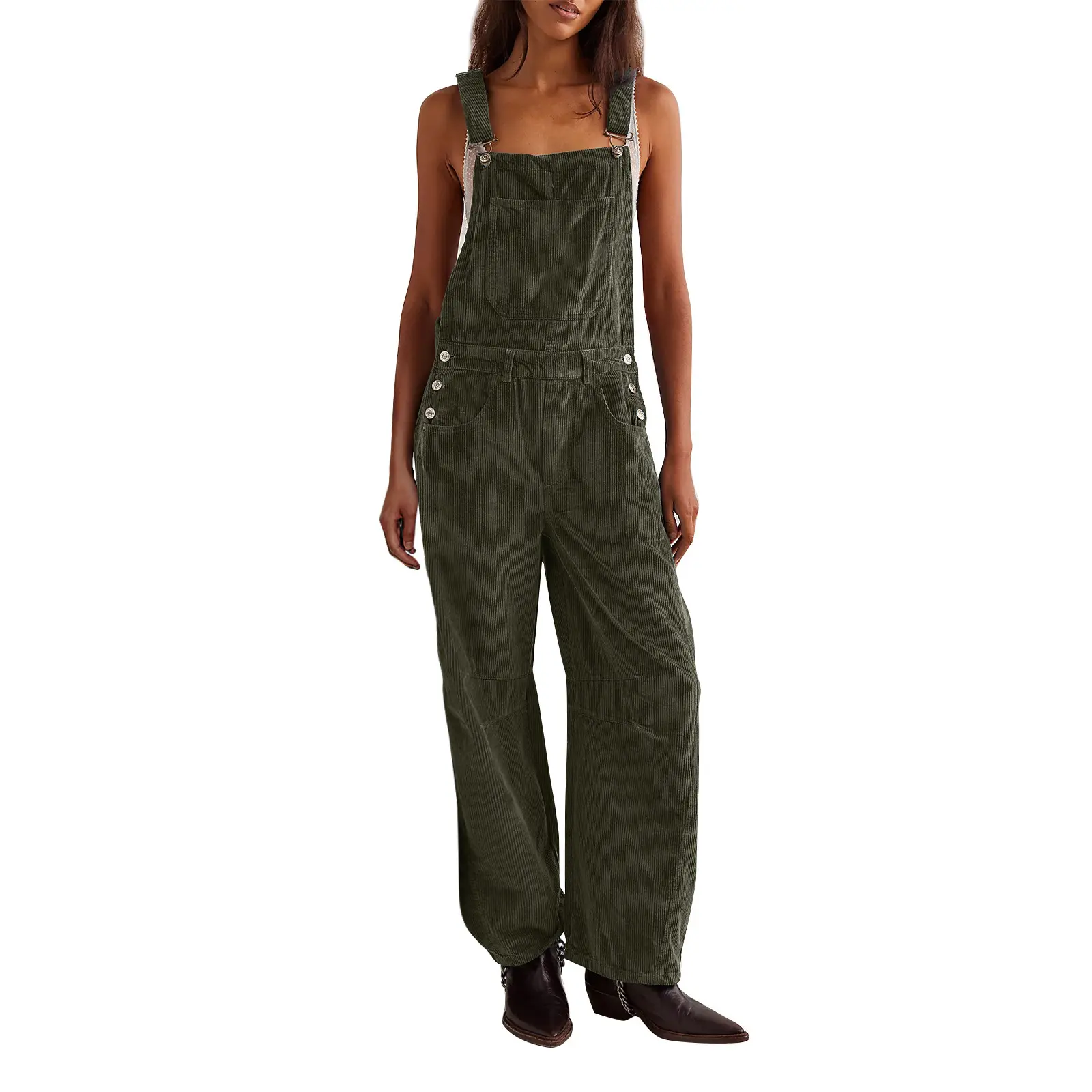 Women's Trendy Corduroy Crop Barrel Jumpsuit - Streetwear Chic, Soft Comfortable Fabric, Adjustable Straps, Wide-Leg, Multi-Pocket Casual Piece