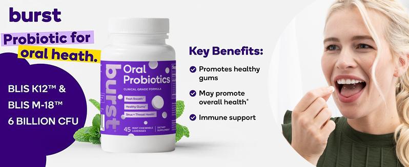 BURST Oral Probiotic - Bad Breath Support for Adults - Chewable Dental Oral Probiotics for Immune Support, Fresh Breath with Blis K12 & M18 - Mint (45 Count)
